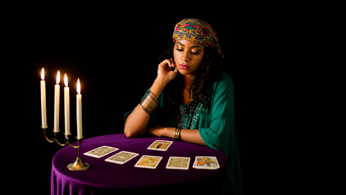 Voyante réalisant un tirage de cartes de tarot