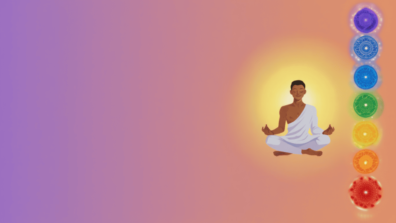 Silhouette en méditation avec 7 symboles de chakras à droite