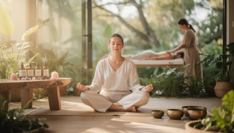 Séance de méditation et de soins holistiques en extérieur, avec huiles essentielles et bols tibétains.